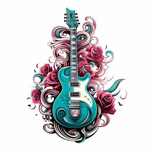 A guitar with a banner logo on a white background, in the style of classic tattoo motifs, dark pink and light aquamarine, burned, captivating, flamboyant