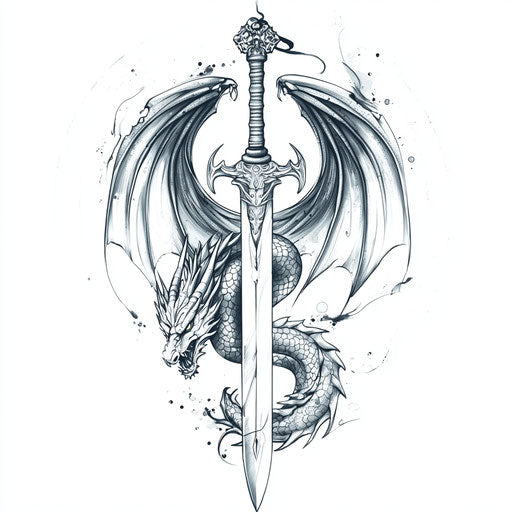 Bold dragon curled around sword in flat tattoo sketch