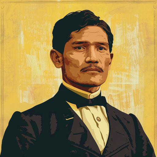 Jose Rizal clipart in photo realistic style with a flat random background, vintage filter and delicate lines