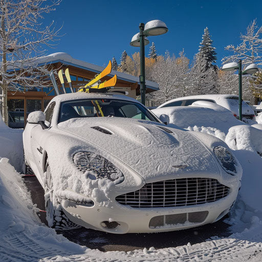 Snow-covered Aston Martin DB7 Zagato with ski racks in a winter sports resort parking lot