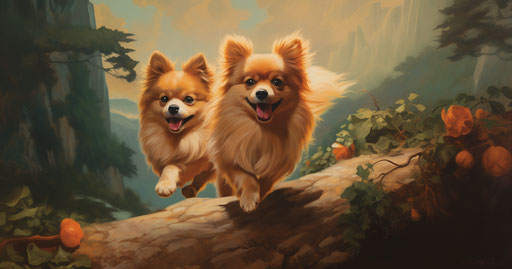 Two small dogs walking down a hill with a woman