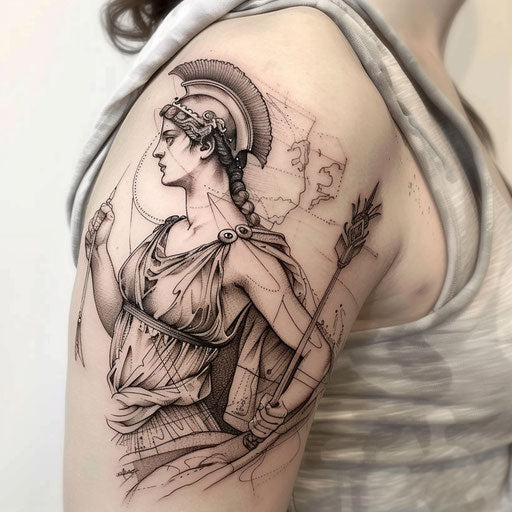 Renaissance-inspired tattoo of Athena with earth tones on white canvas