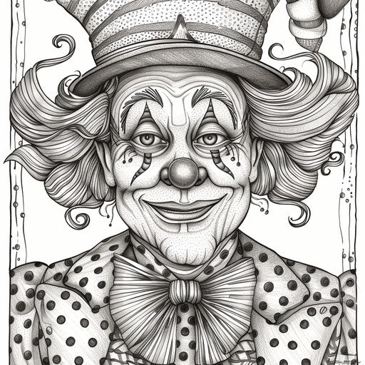 A whimsical clown in a polka-dot suit and a big bow tie. Coloring book page