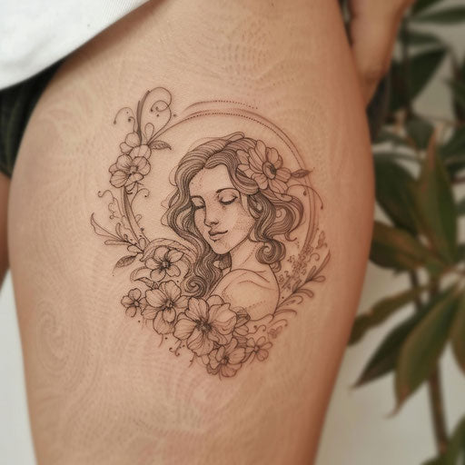 Greek goddess surrounded by floral motifs in minimalist tattoo