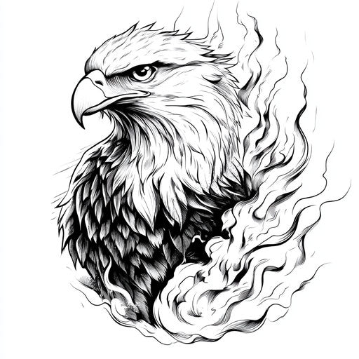 Eagle tattoo surrounded by flames on hand sketch