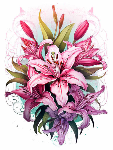 Pink lily tattoo, colorful drawings style, joyful nature celebration, symmetrical arrangement