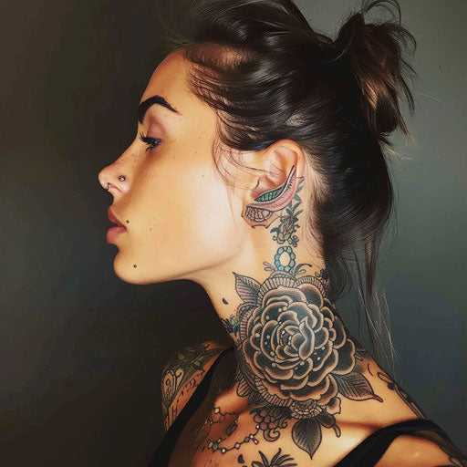 Female neck tattoos with classic Americana, Ed Hardy style