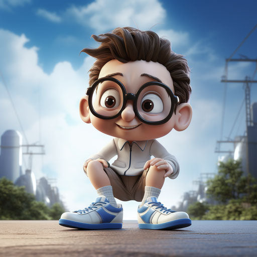 Cartoon man with glasses putting feet on his toes