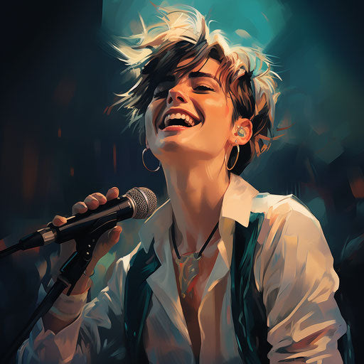 the singer smiles at the crowd, in an androgynous style