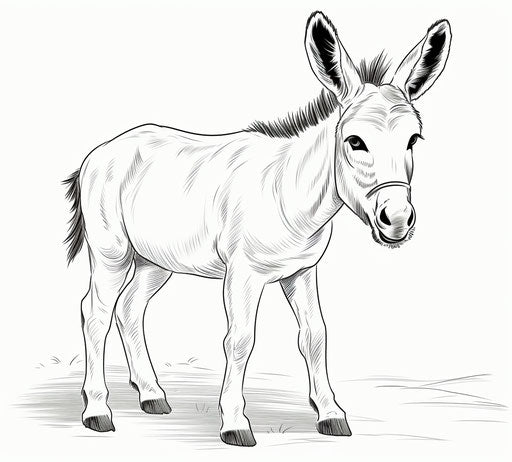 Adorable donkey in B&W coloring page, light green and red style