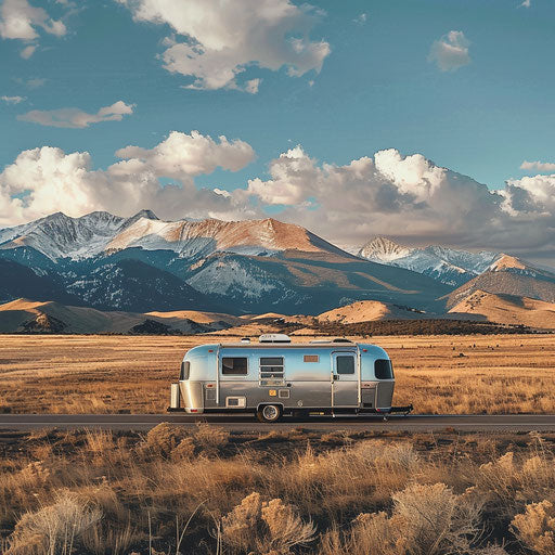 Modern RV traveling through the Rocky Mountains