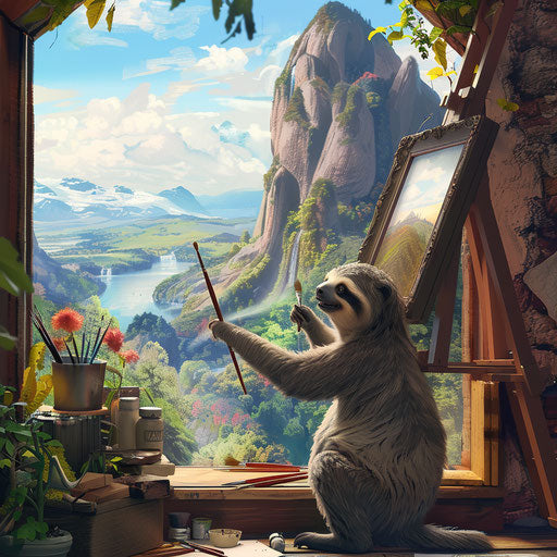 A sloth paints a masterpiece in a studio