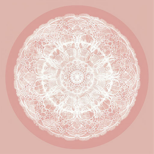 Round logo with delicate lace design on soft pink background