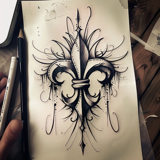 Bold and graphic tattoo sketch of a fleur de lis in a tribal style