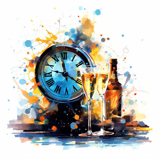 New Year's Eve clipart in the style of Impressionistic Art, on a white background