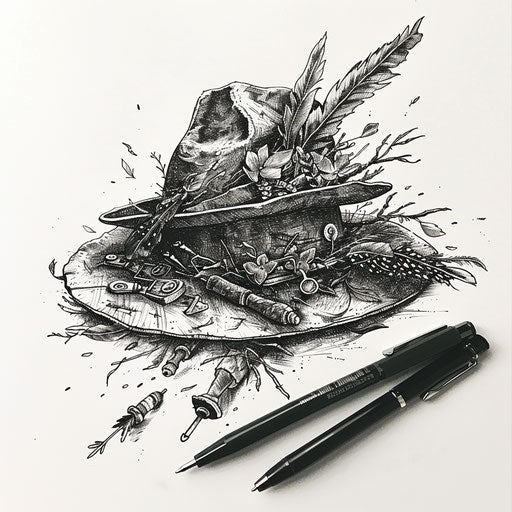 Flat tattoo sketch of an adventurer's hat with feathers and pins