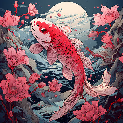 Tropical flower and koi fish tattoo, mixed media style