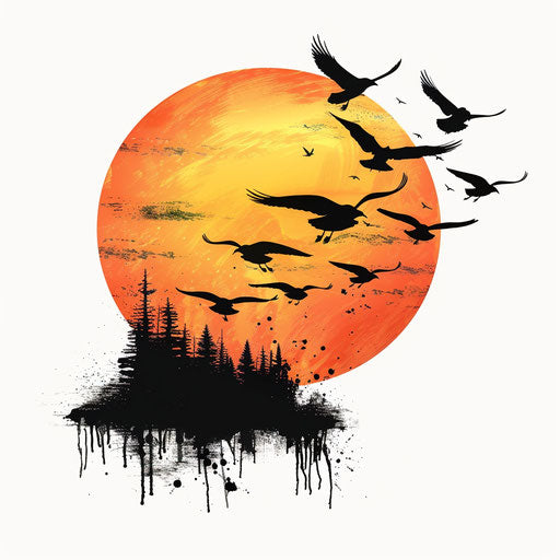 Birds flying in a sunset silhouette