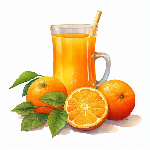 Orange juice art in oil painting style, white background