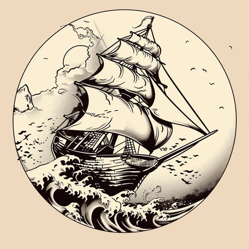 Dynamic flat tattoo sketch of a ship sailing through rough, stylized waves
