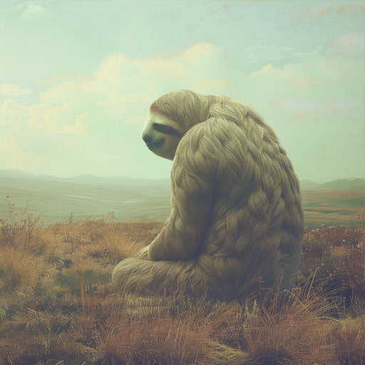 Giant sloth in a serene landscape with a poetic feel