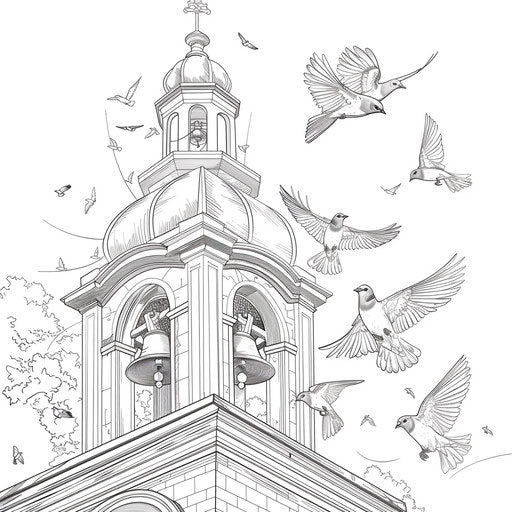 Church bell tower with flying birds, coloring book page