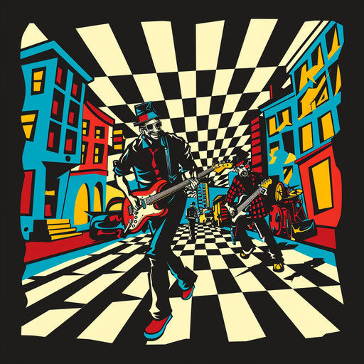 Ska band logo with fun, checkerboard fonts and a lively street background