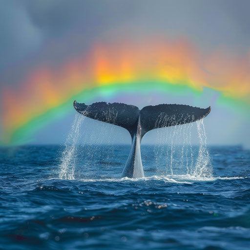 Whale tail under rainbow in ocean spray