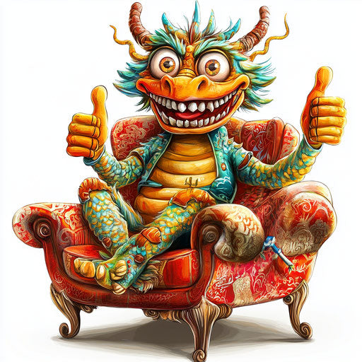 Humorous caricature of a Chinese dragon clipart with human characteristics, exaggerated expressive eyes, big hands, sitting on a couch, vibrant colors, cartoon style, thumbs up