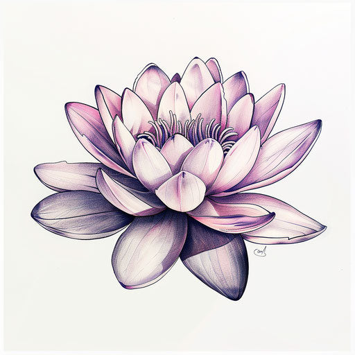 Digital drawing of a small lotus tattoo, pastel tones on white background