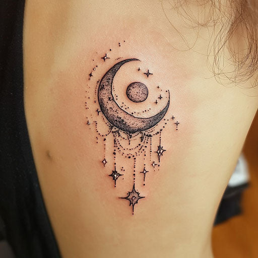 Delicate tattoos with a mystical moon and starry sky