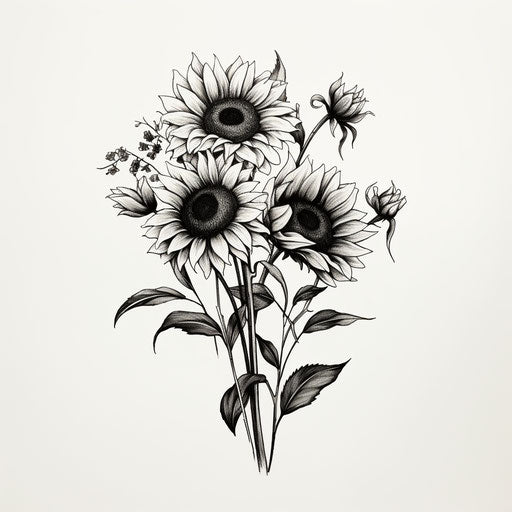 Drawing of sunflowers in minimalistic black and white