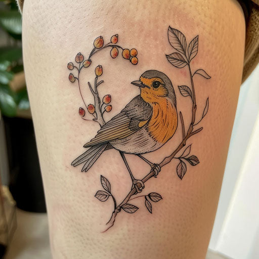 Flat tattoo sketch of a robin with minimalist outline and soft pastel hues
