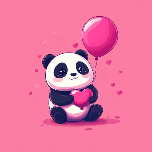 Sweet panda with heart balloon, pink background, vector style