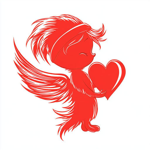 Cupid silhouette with red heart on white background