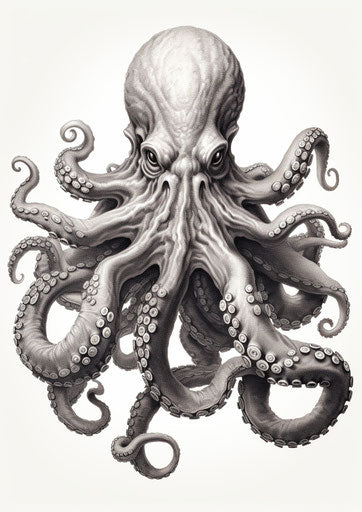 Engraved white octopus, ominous vibe, intricate details