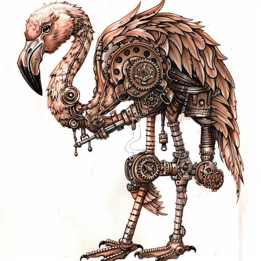Steampunk flamingo tattoo with gears and pipes, bronze tones on white background.
