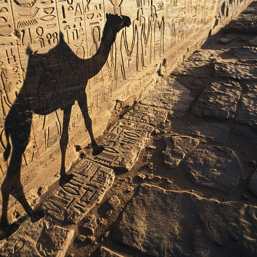 Camel shadow on ancient desert hieroglyphs