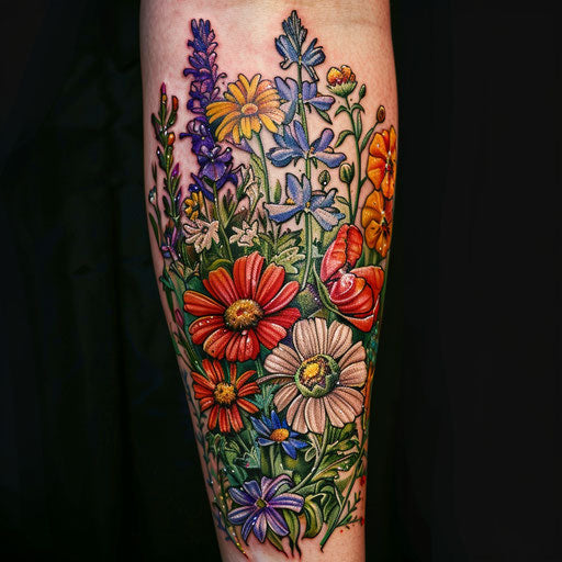 Realistic wildflower tattoo, lifelike details, vibrant hues
