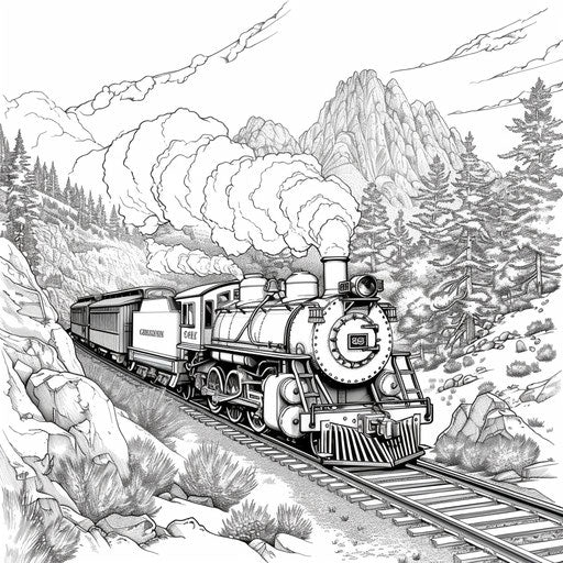 Detailed steam locomotive chugging through mountain pass