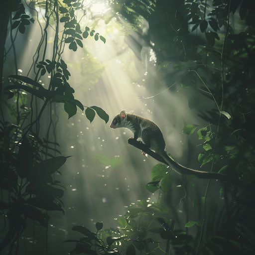 A sugar glider navigating through a misty forest