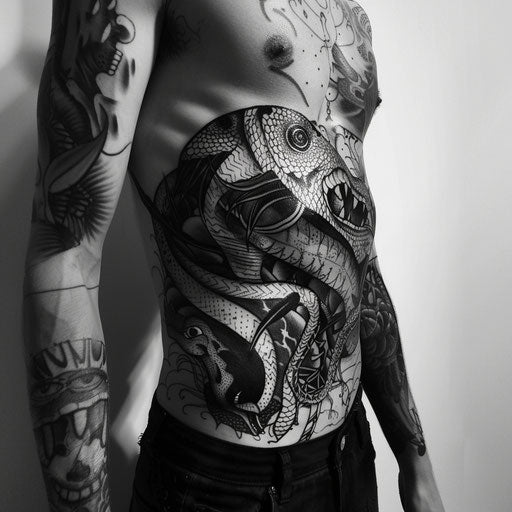 Dynamic and expressive stomach tattoos influenced by Humberto Ramos