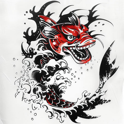 Japanese koi fish style smiley face tattoo design, with waves, on white