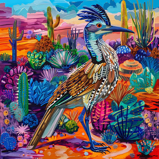 Running bird in a vibrant desert setting with intense colors