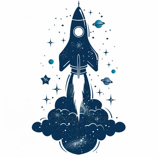 Minimalist rocket silhouette against starry sky