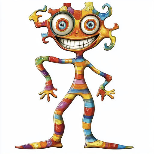 Humorous caricature of a puzzle piece with human characteristics, exaggerated googly eyes, long legs, vibrant colors, cartoon style, smiling