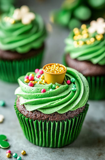 Rainbow cupcakes for St. Patrick's Day with green frosting and gold sprinkles