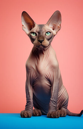 Sphynx cat on orange background, light beige and dark blue