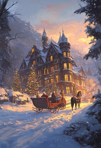 Winter house with Christmas trees and a sleigh