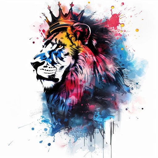 Dynamic lion tattoo with flowing crown in ink splash style